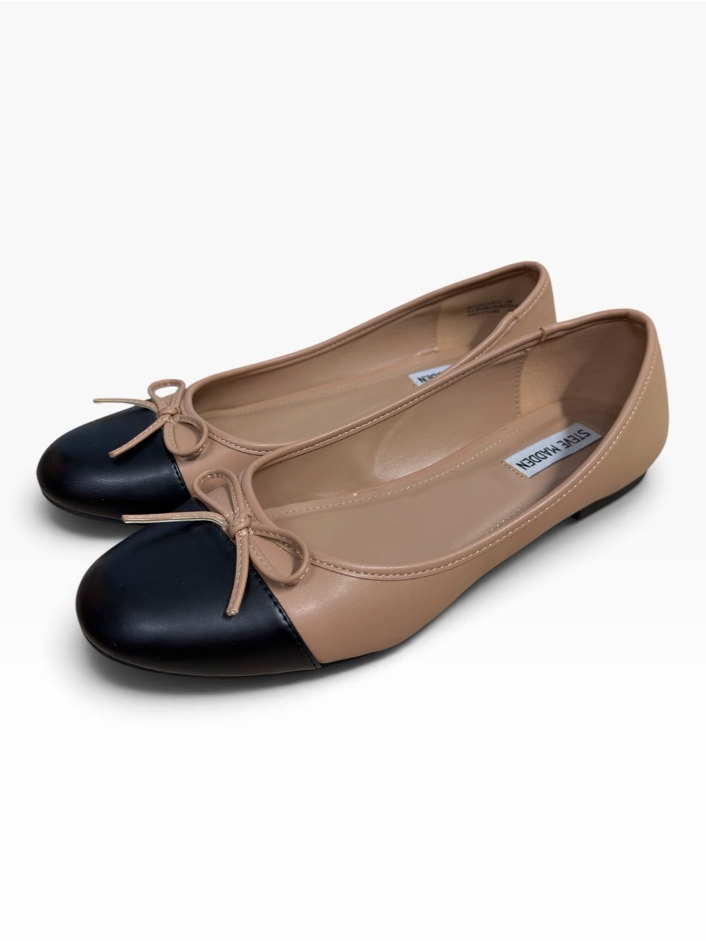 Steve Madden Ellison Beige Black Cap Toe Ballet Flats Bow Womens Size 10 Shoes